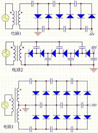 这三个电路都是6倍压整流电路,各有特点.