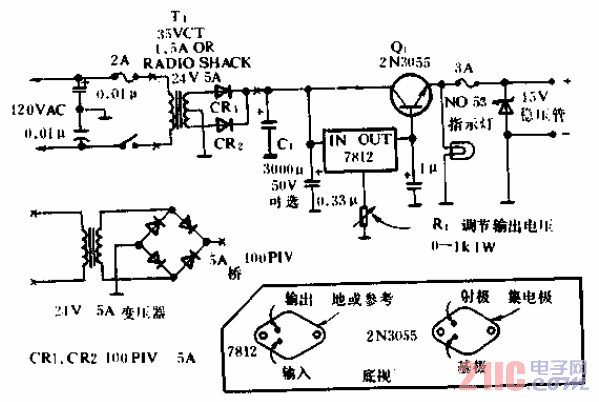 输出电流3A、电压12至14V可调电源电路.gif