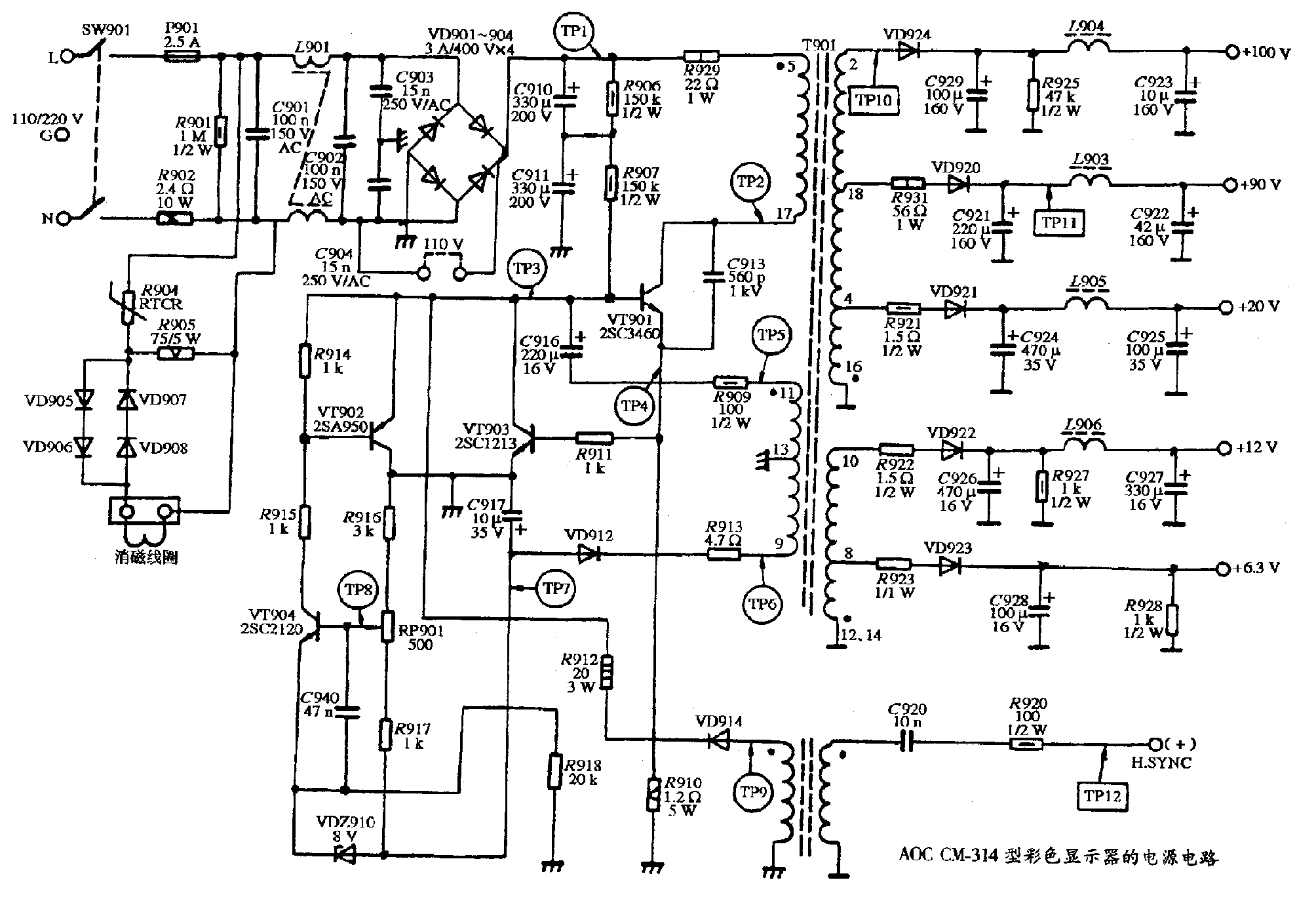 AOC CM-314型彩色显示器的电源电路图.gif