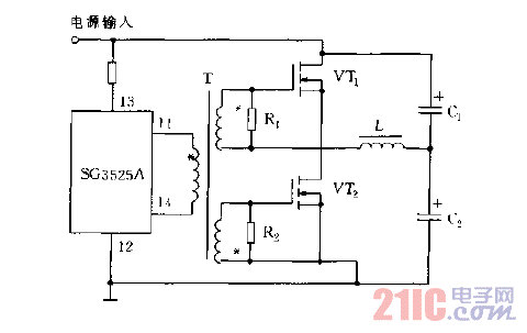 采用SG3525A双端输出驱动MOS功率管的电路图.gif