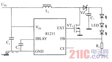 R1211驱动白光LED电路图.gif