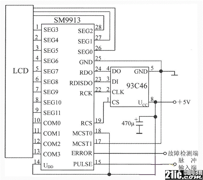 电能表LCD控制驱动集成电路SM9913的典型应用电路图