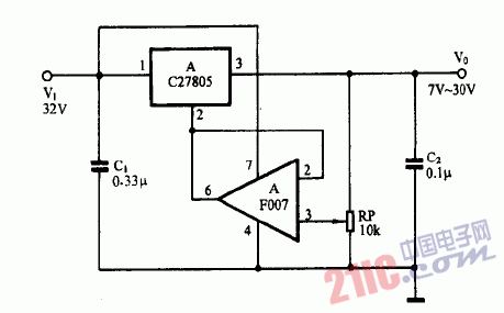 巧用CW7805作7V-30V高精度可调稳压电源电路图