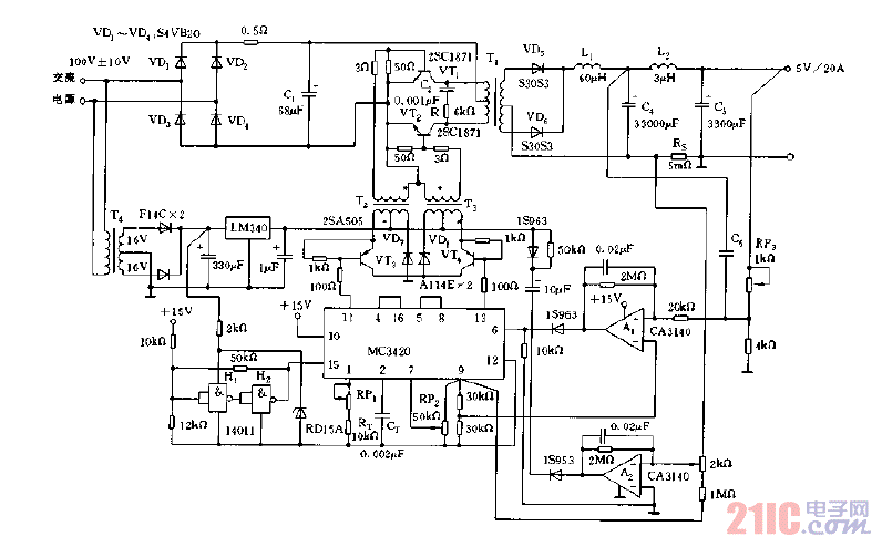 采用MC3420构成的输出5V，20A的开关电源电路图.gif
