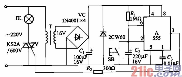 46.采用555时基集成电路的照明延时关灯电路之一.gif
