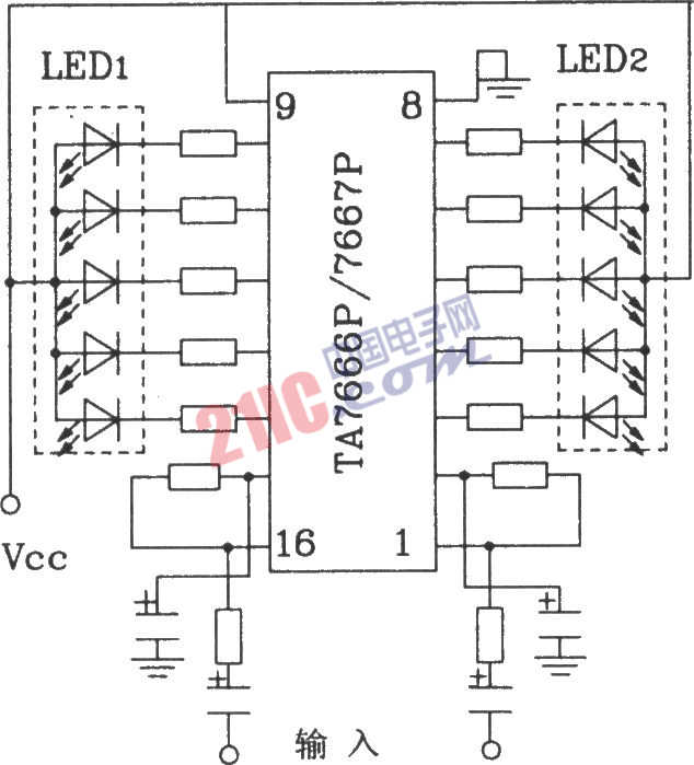 HA7666P／TA7667P构成两条5点LED显示驱动电路图