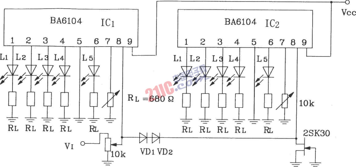 2块BA6104五位LED电平表驱动集成电路构成的10点LED电平显示电路图