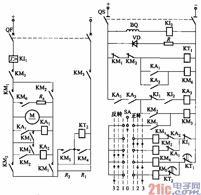 199.直流电动机带能耗制动的正反转控制电路.gif