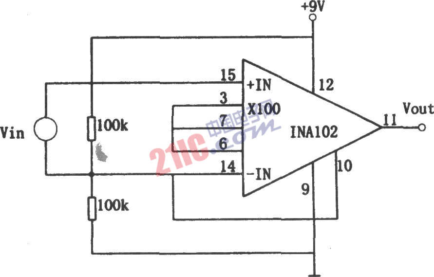 INA102构成的单电源低功耗仪用放大器电路