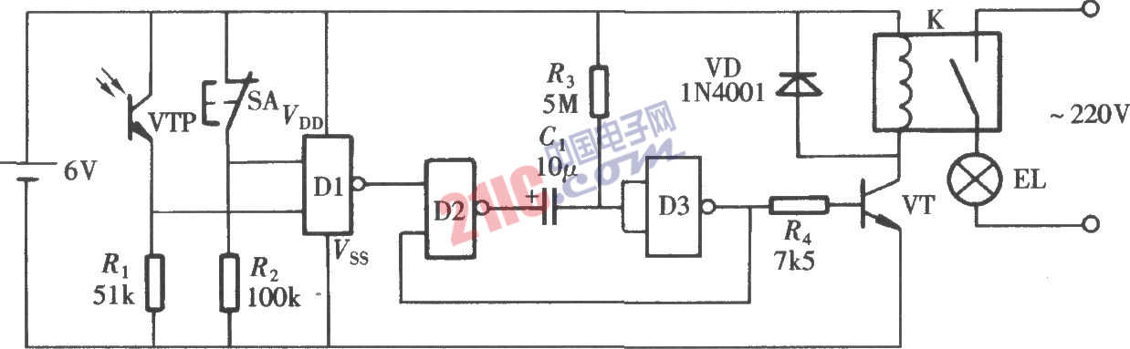 门控延时照明灯电路图