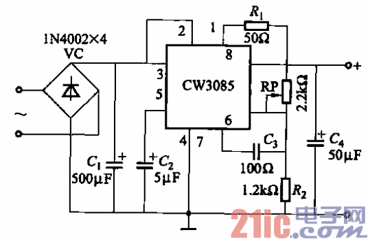 64.CW3805型可调输出稳压电源电路.gif