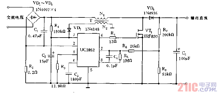 采用UC3852构成的有源高功率因数校正前置调节器电路图.gif