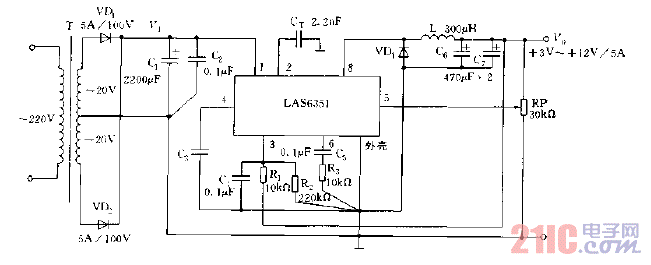 采用LAS6351构成的可调开关稳压电源电路图.gif