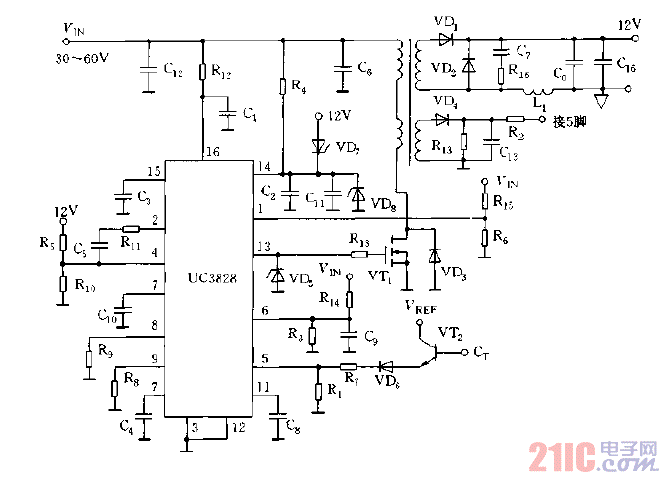 采用UC3828构成的DC,DC单端正激式变换器电路图.gif
