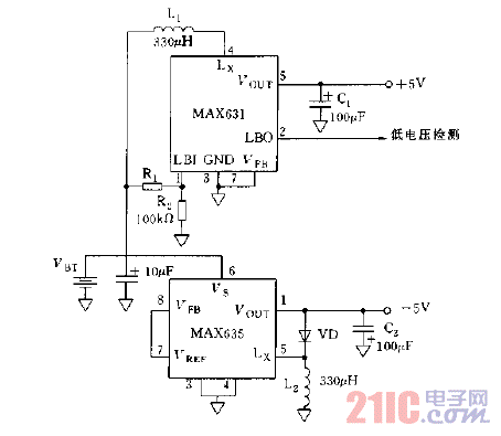 采用2个DC,DC变换器构成的微处理机电源电路图.gif