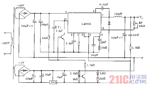 L4970A构成的可调开关电源电路图.gif